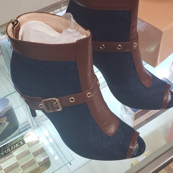 Dark blue denim Brown peetoe ankle stiletto boot - Picture 4 of 4